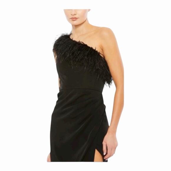 Mac Duggal 68147 One Shoulder Draped Length Dress Feather Trim Black Size 10 NWT - Picture 3 of 16